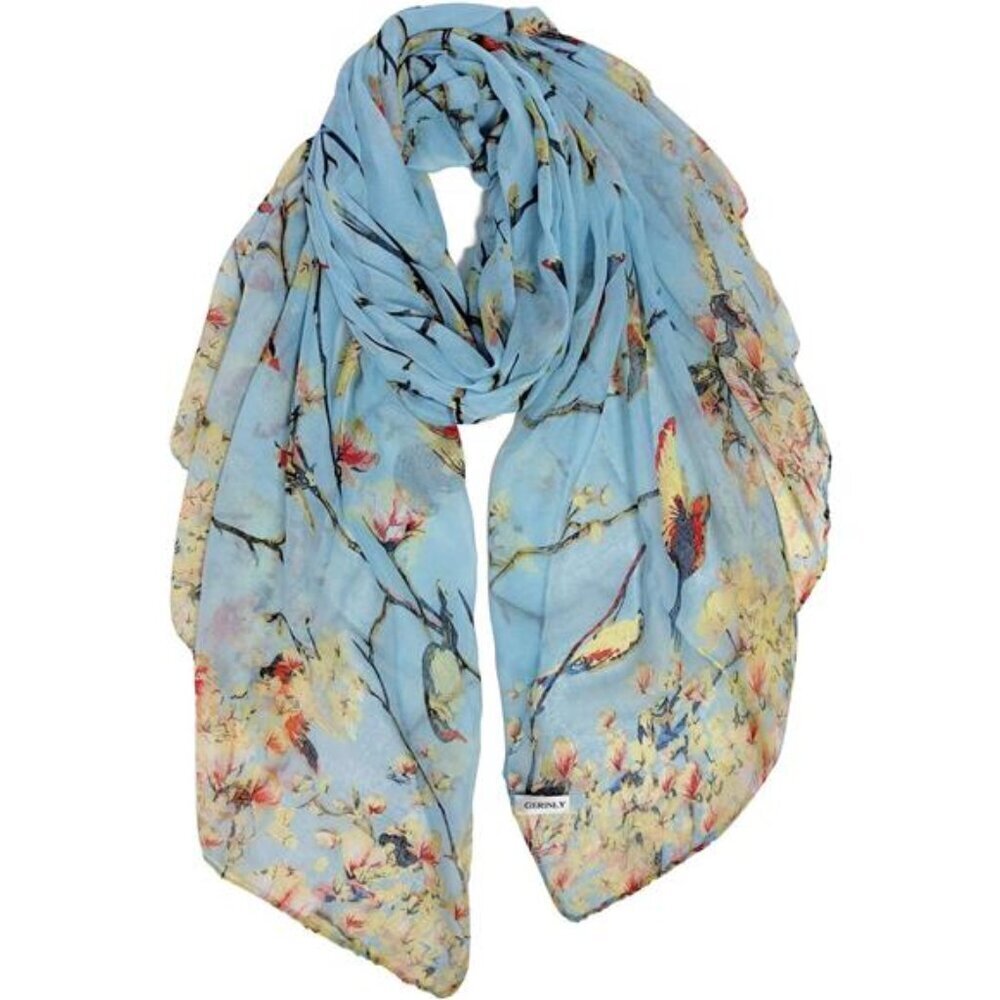 Lightweight Cotton Scarves for Women Floral Birds Print